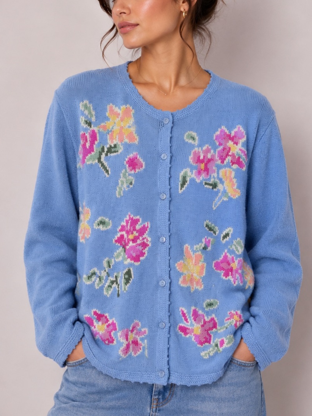 Vintage Sweater Tabi Blue Floral Button Cardigan Grandmacore Knit Cotton Cozy